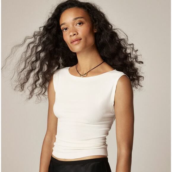 J.Crew Refined Rib Shell Tank WMNS M Cream Pullover Slim Fit Boatneck Satin Trim - Picture 1 of 7